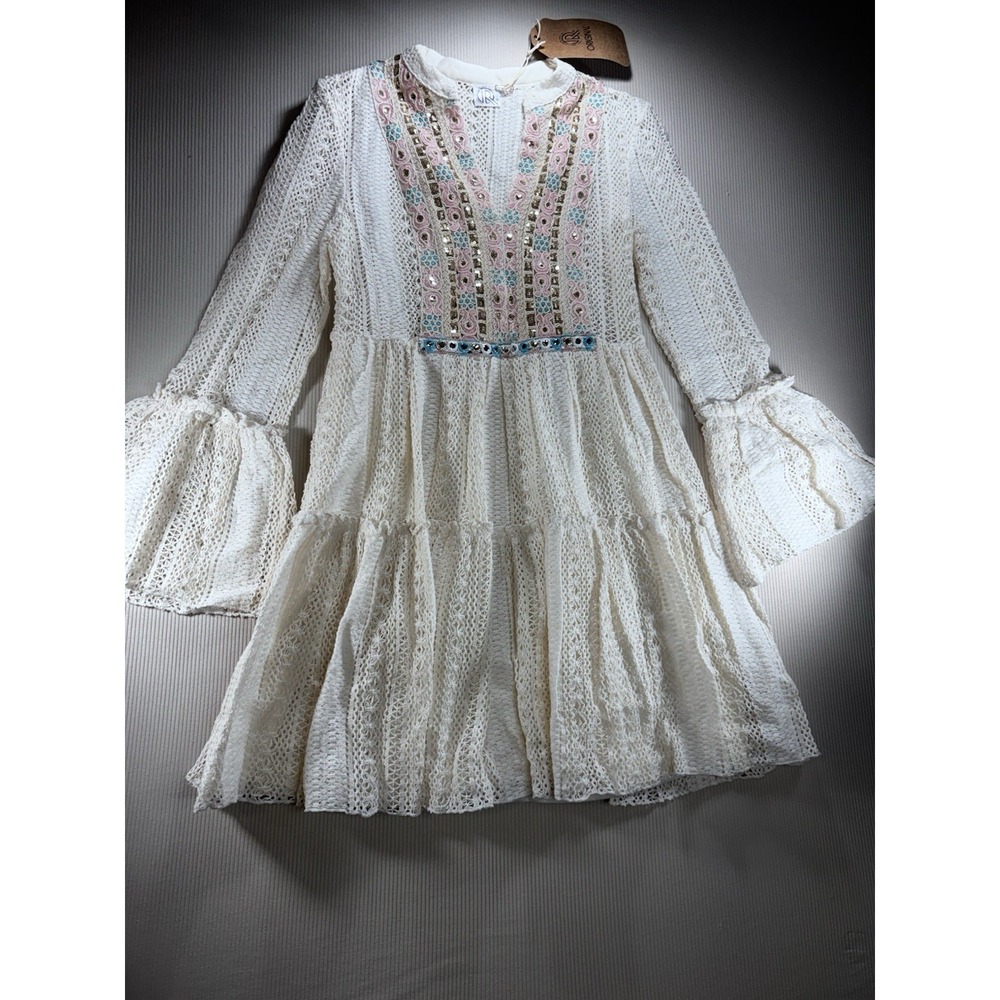 Original White Crochet Smocked Embroidered Tiered Mini Dress  Boho Fairy S/M NWT